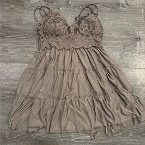 Zenana Outfitters Taupe Lace-Trim Tiered Mini Dress